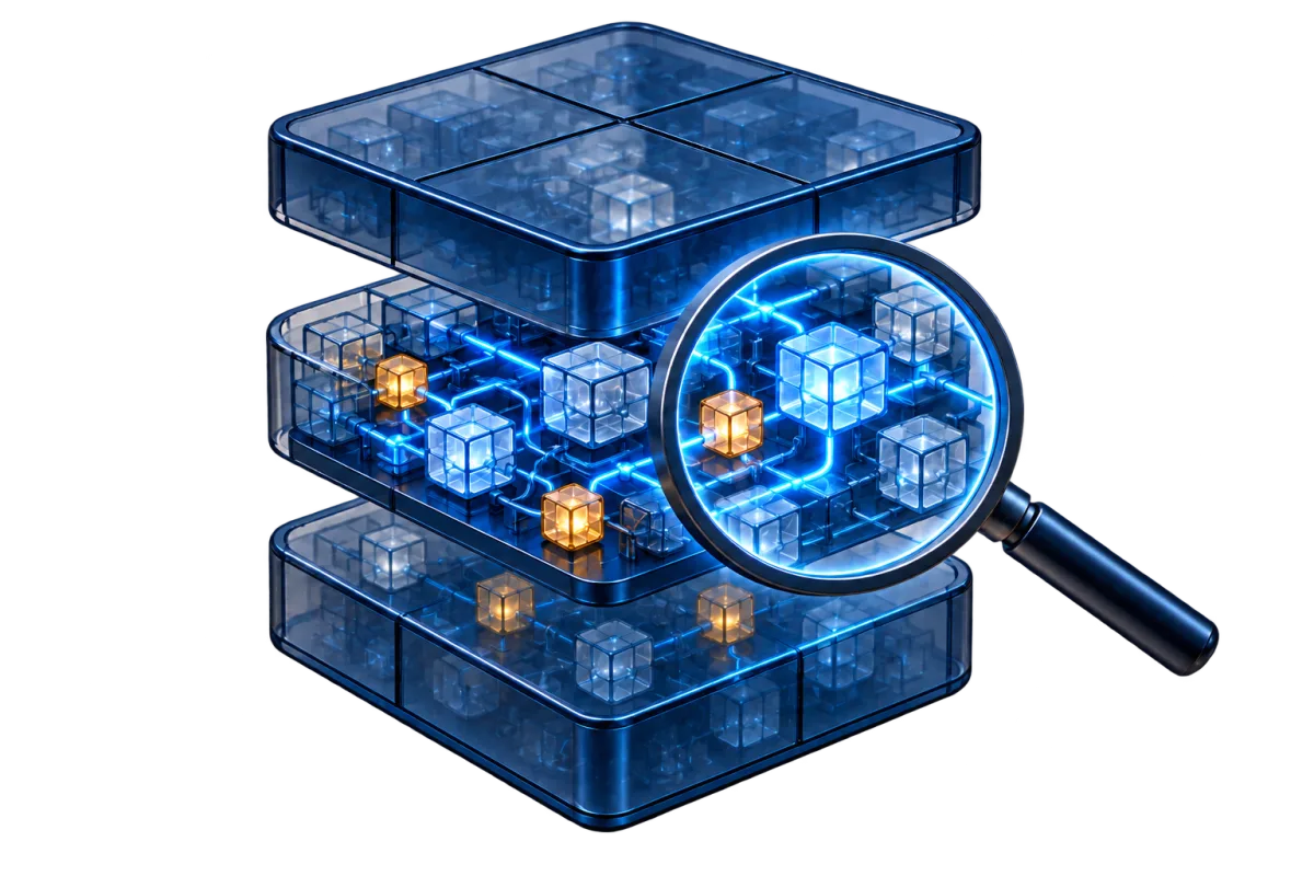 Kolme päällekkäistä läpinäkyvää kerrosta, joista keskimmäinen on avattu. Suurennuslasi paljastaa sen sisällä hehkuvat kuutiot ja niitä yhdistävät polut, joista osa hehkuu kullanvärisenä. Ylä- ja alakerros jäävät himmeiksi. Tutkiminen näyttää sen, mitä valaistaan, ei koko ohjelmaa.